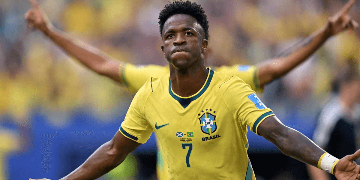 Vini Jr. comemora gol do Brasil sobre a Escócia • Image Photo Agency/Via Fifa