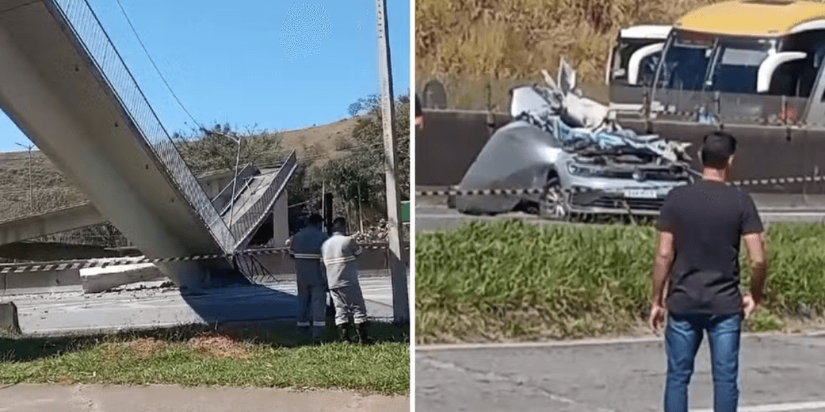 Passarela desaba após ser atingida por caminhão e deixa dois mortos na rodovia Fernão Dias, em Vargem
