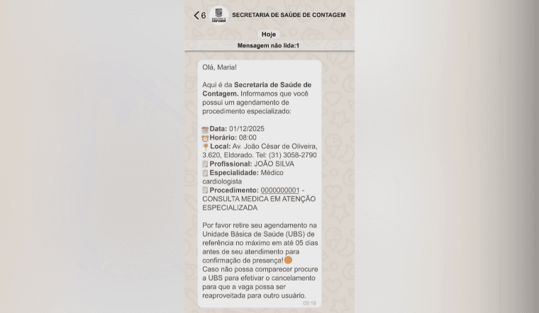 SUS Contagem passa a enviar lembretes de consultas e exames pelo WhatsApp